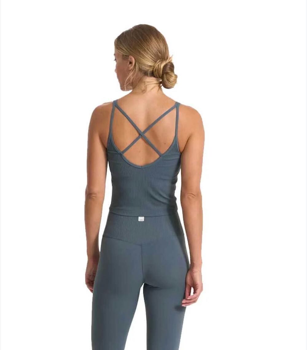 Vuori Rib Crop Tank Women’s Small Blue Gray Cross Back Yoga Workout Top
